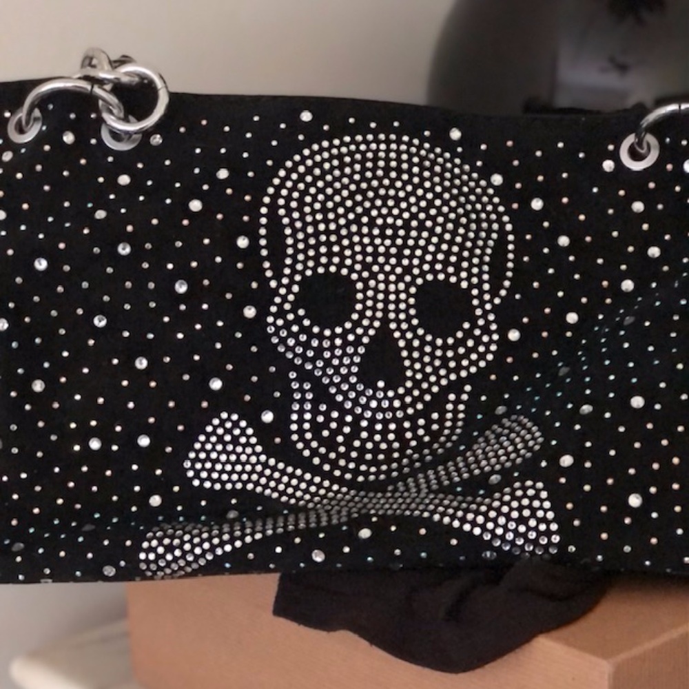 UNIQUE BLACK LEATHER HANDBAG WITH SKULL & RHINESTONES & STUDS